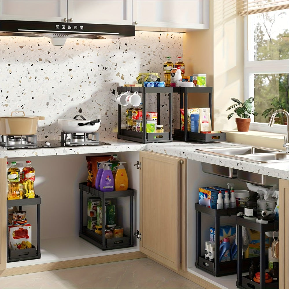 Under Sink Organizer 2pcs Double Tier Sliding Storage Basket with 8 Hooks ¨C Kitchen Bathroom Cabinet Rack Shelf