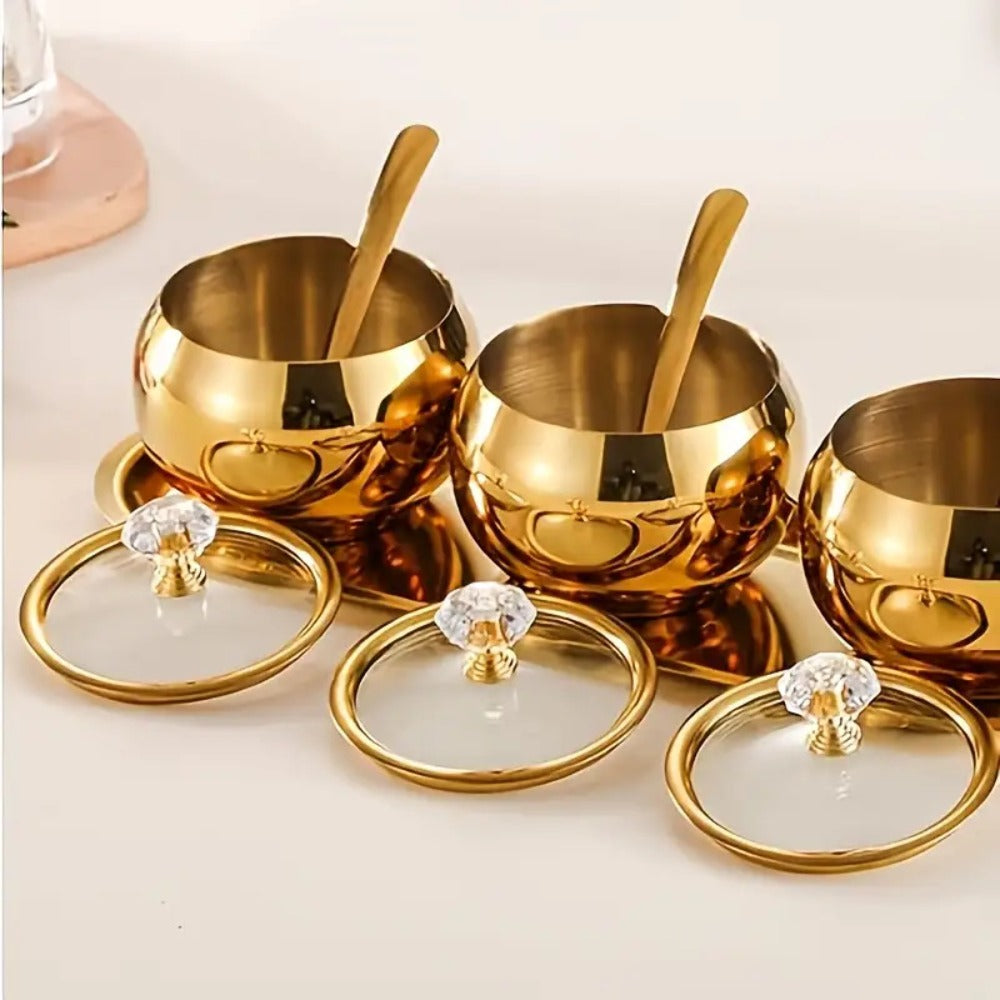 Golden Stainless Steel Seasoning Jar Set 2 or 3pcs Spice Containers with Lid and Spoon Serving Tray for Pepper Salt Spices Candy Coffee Beans Kitchen Organizer