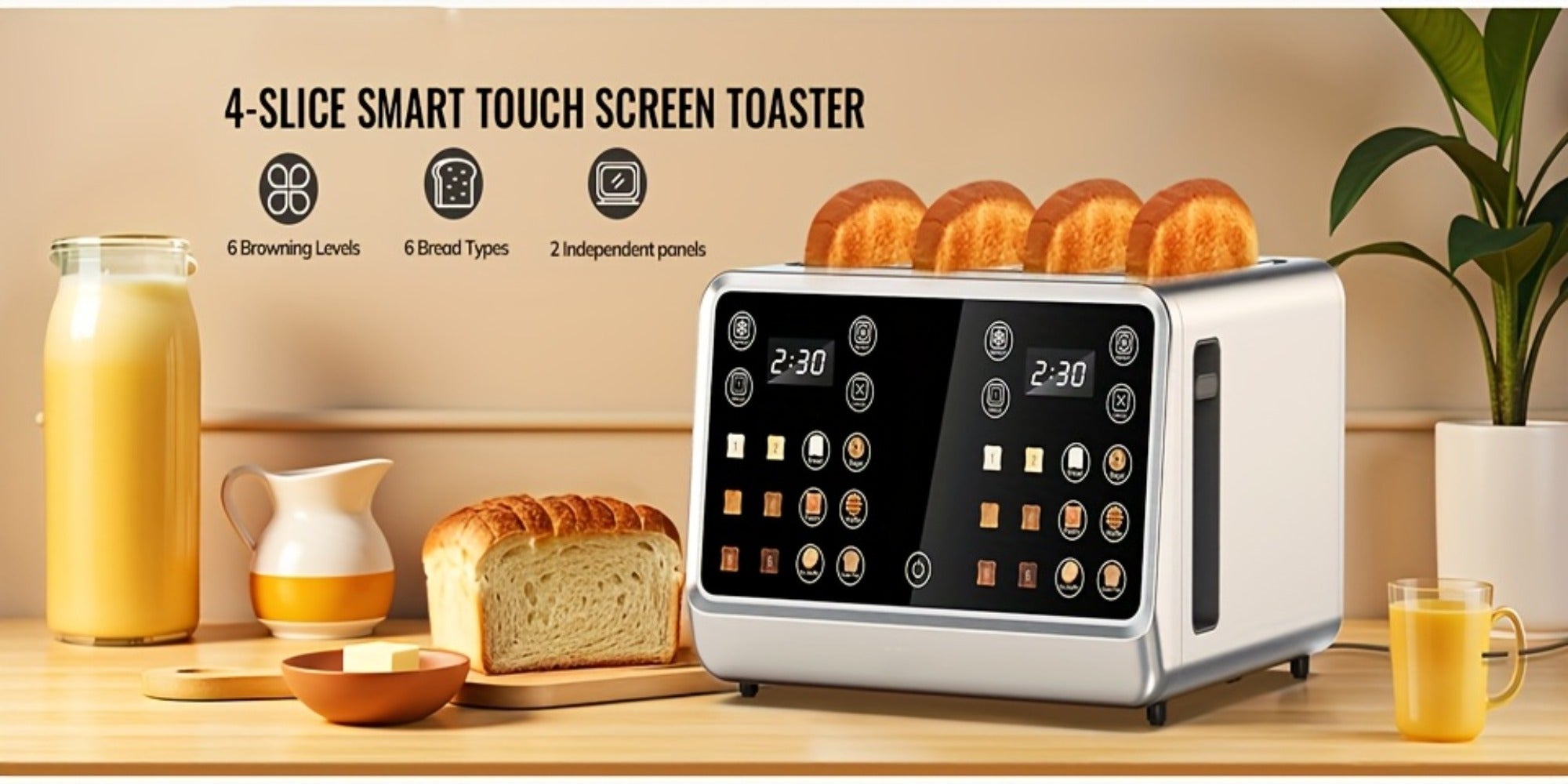 4-Slice Digital Smart Toaster with Touchscreen | Dual Control Panel, Single Slot Toasting, Timer, Reheat & Defrost Functions for Bagels, Bread & Waffles ¨C Stainless Steel Kitchen Essential