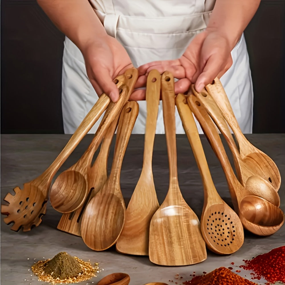 Wooden Kitchen Utensil Set 10 Piece - Nonstick Safe Cooking Spoons, Ergonomic Handle, Heat Resistant Wood Kitchen Tools, Natural Bamboo Utensils for Pots and Pans