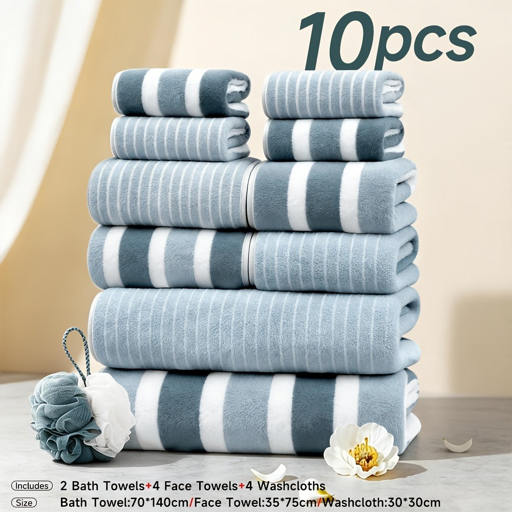 Microfiber Towel Set No Hair Loss Five-Star Hotel Standard - Ultra Soft 100% Polyester Two-Color Striped | 10pcs 3pcs 1pc | Green Brown Gray Red Blue | Bath Face Hand Towels with Bath Ball