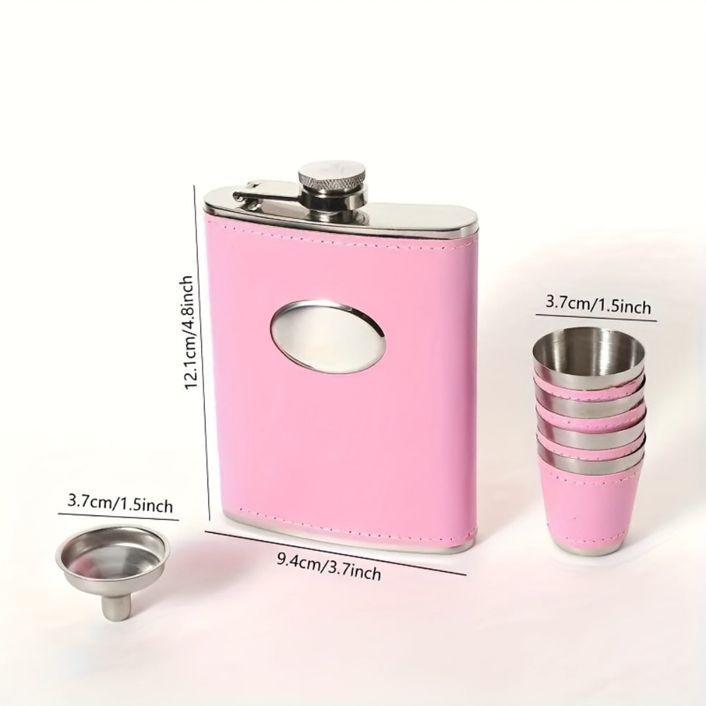 Flask Set for Women 6oz Leather Wrapped Stainless Steel Hip Flask Gift Set with 4 Cups and Funnel Pink Orange Blue Holiday Christmas Valentine Gift for Girlfriend Mom