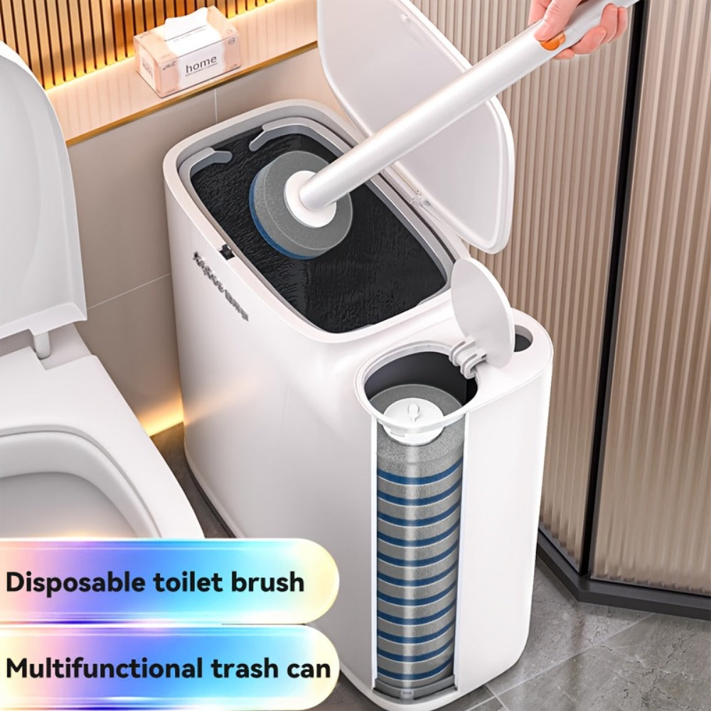 Disposable Toilet Brush with Trash Can 3-in-1 Set Replaceable Brush Heads Space-Saving Bathroom Cleaner with Lid Odor-Proof Waste Bin for Bathroom RV Small Toilet