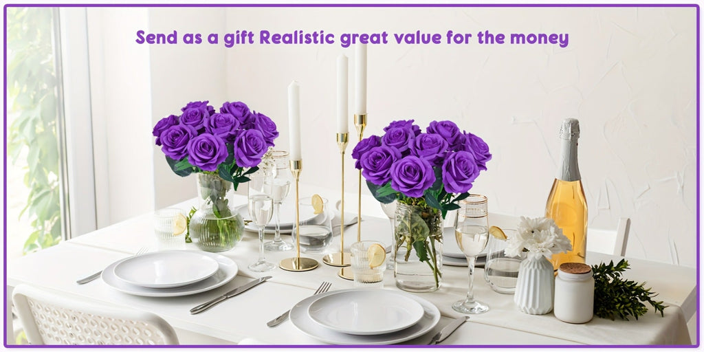 10pcs Artificial Silk Roses Bulk - Fake Flowers for Wedding Home Decor, 19.69¡± Long Stem, Deep Purple & Dark Green