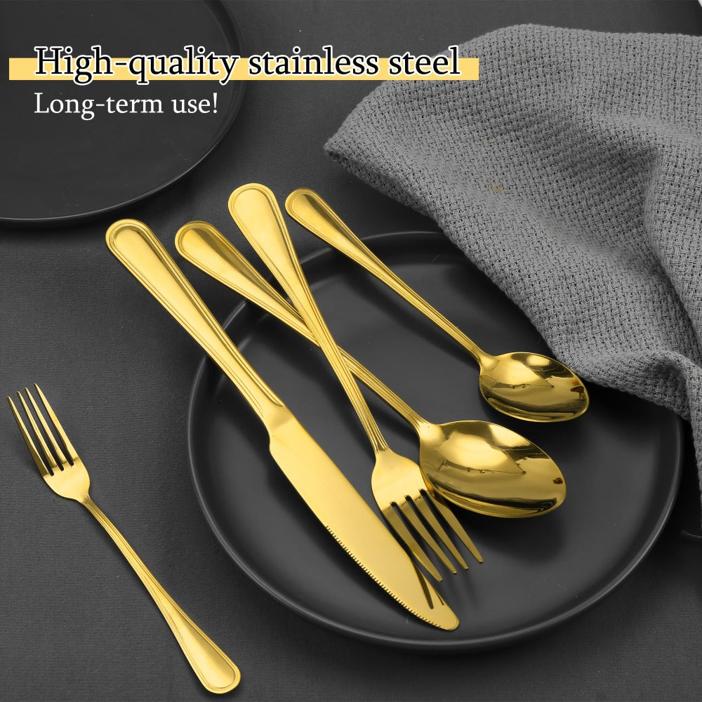84-Piece Golden Cutlery Set Service for 12 | Knife Fork Spoon Set for Family Gatherings Camping BBQ Kitchen Utensils