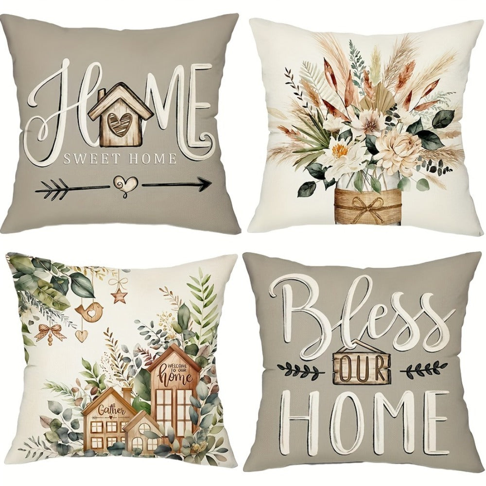 Eucalyptus Leaf Pillow Covers Set of 4 Farmhouse Style White Gray Decorative Throw Pillow Cases - 18x18 Inch Indoor Outdoor Sofa Chair Accent Cushion Covers, Soft Chic Botanical Print, Insert Not Included