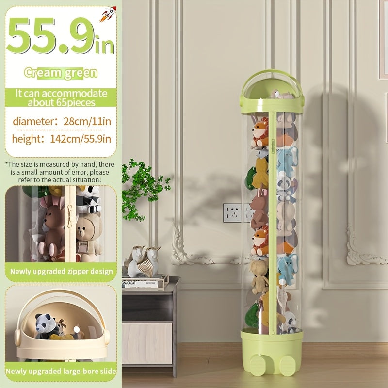 Stuffed Animal Storage Bin Transparent Cylindrical with Zipper ¨C Large Plush Toy Organizer for Kids Bedroom Living Room ¨C Clear Doll Storage Bag Easy Assembly