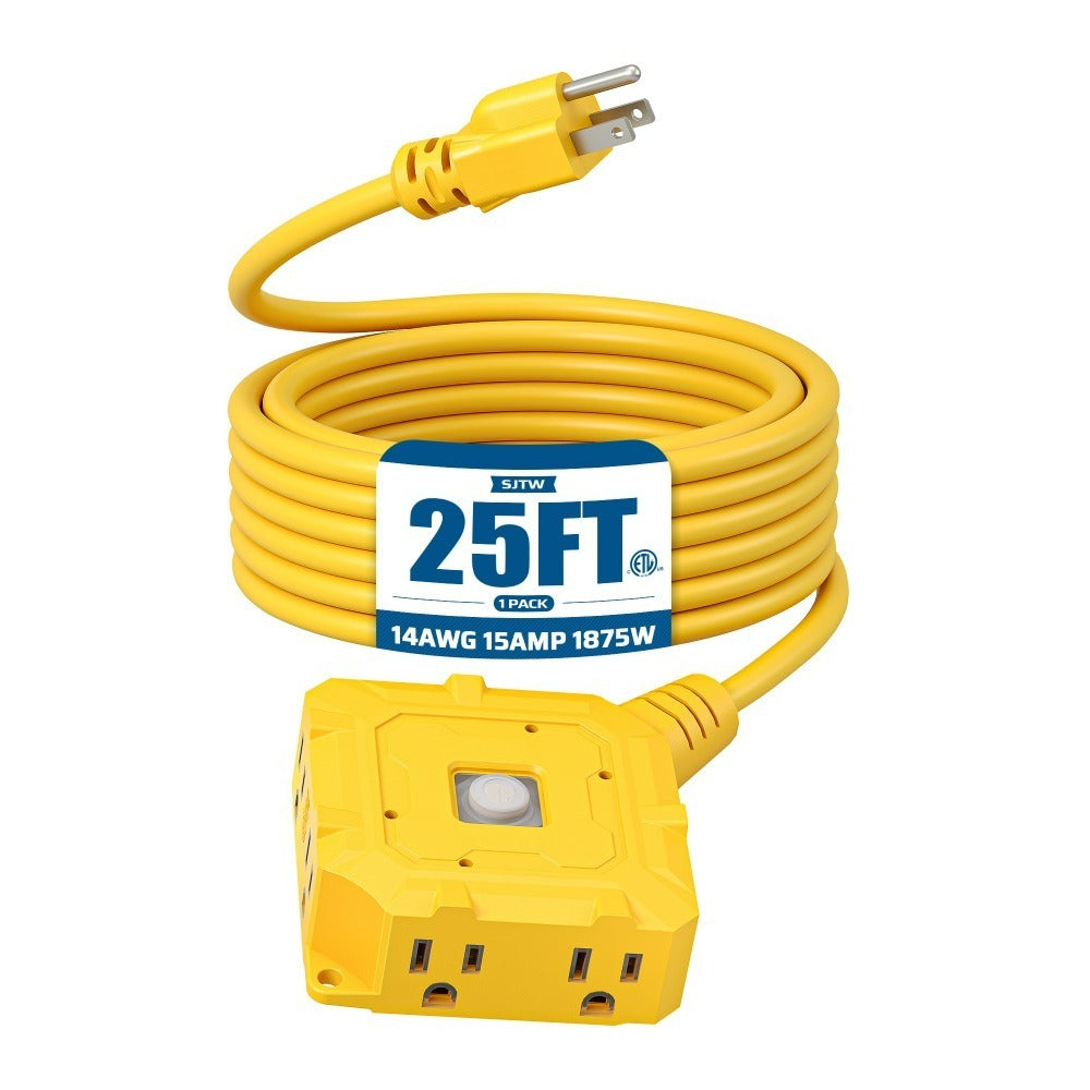 Heavy Duty Extension Cord 25ft 6-Outlet SJTW 14AWG with Protective Cover & On/Off Switch ¨C Outdoor Indoor Power Strip Cord for Workshop, Garage, Christmas Lights, Tools