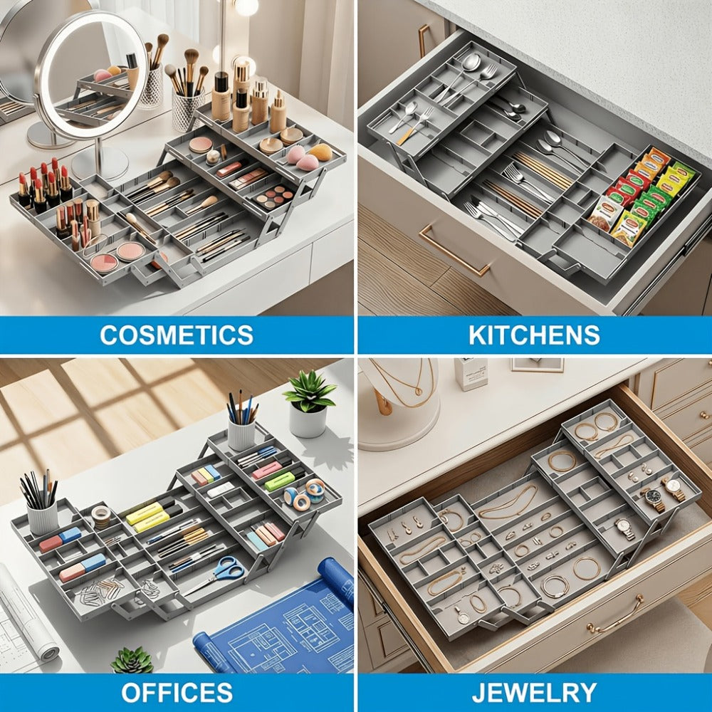 Collapsible Drawer Organizer Box, Double Row Expandable Desk & Drawer Storage with ABS Material, Jewelry Cosmetics Home Office Organizer
