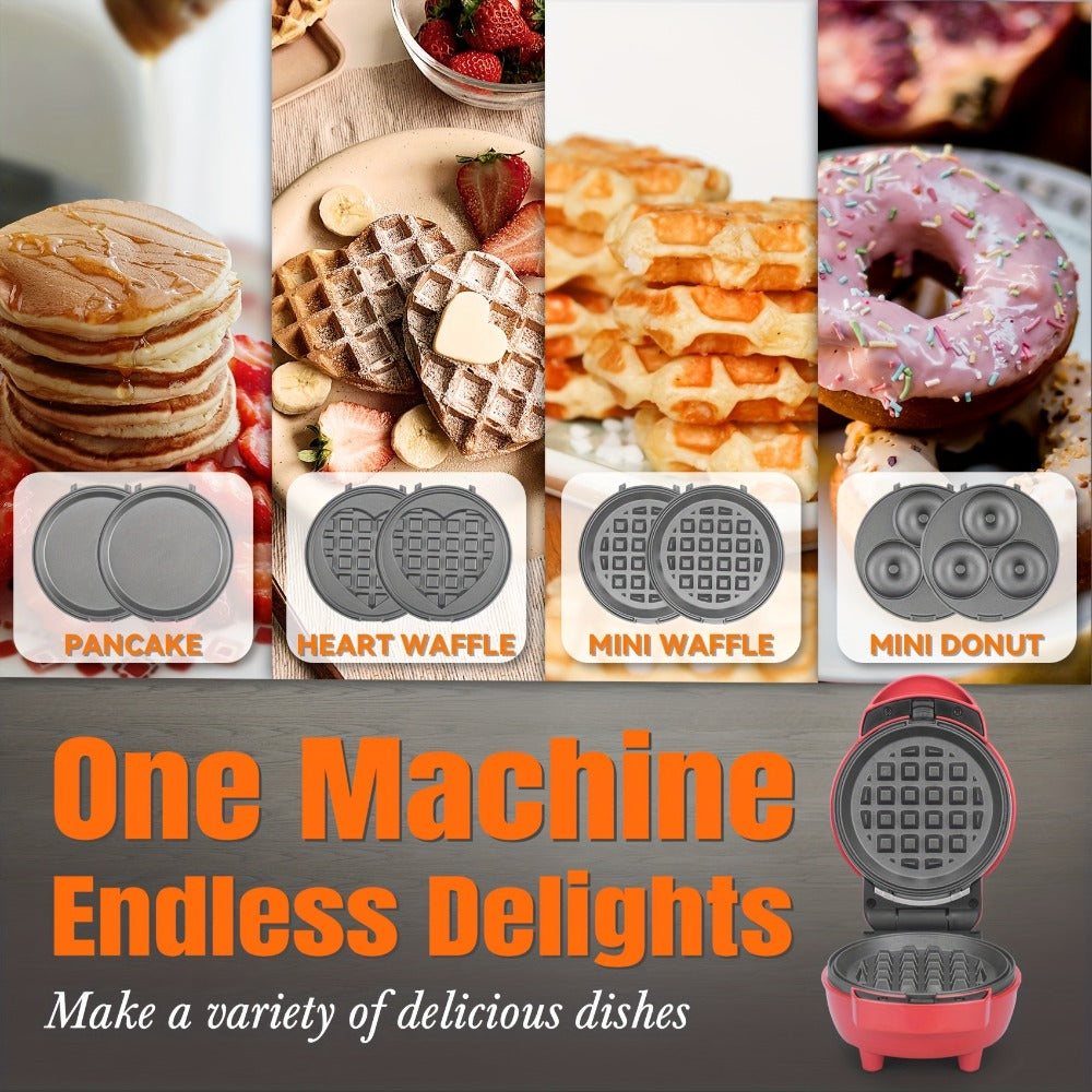 Mini Waffle Maker 4-in-1 with Removable Plates ¨C Waffle, Pancake, Donut & Heart Shape, Non-Stick, Easy Clean, Recipe Included, Compact Breakfast Maker for Home