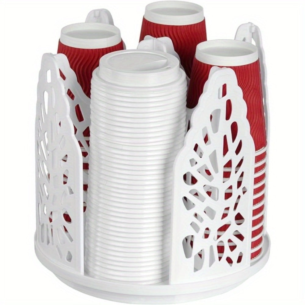 Rotating Paper Cup Holder with 4 Compartments - Disposable Coffee Cup Dispenser Organizer Detachable Lid Storage Box for Countertop Kitchen Coffee Station Bathroom | White Black