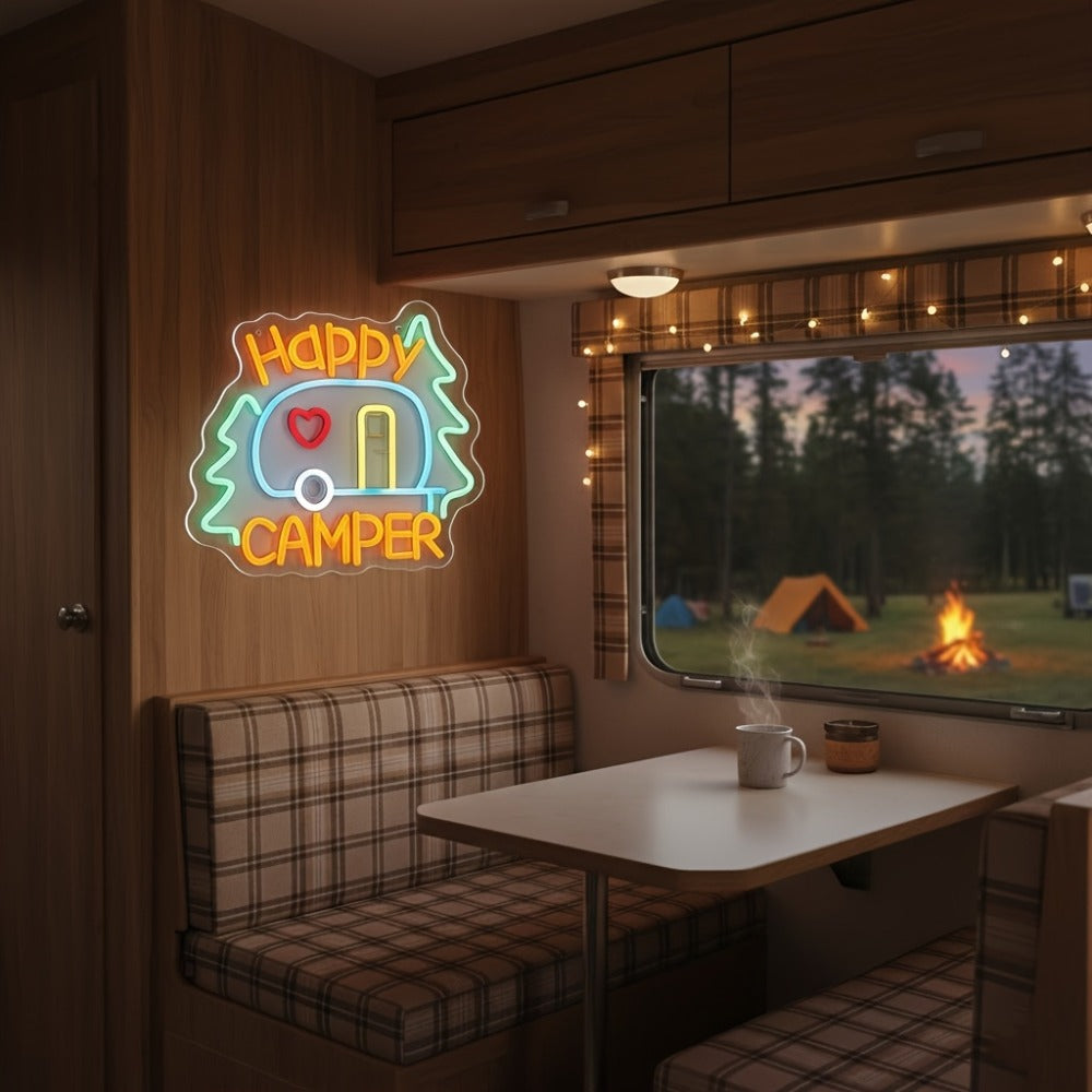 Happy Campers Neon Sign LED Wall Light | Illuminated RV Camper Decor Sign for Campsite Bedroom Man Cave Bar Party Polychrome Glowing Gift for Campers