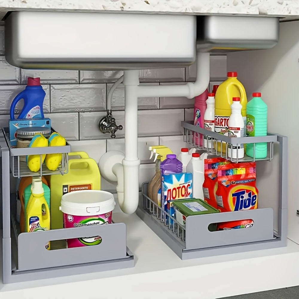 Under Sink Organizer Pull Out, 2-Tier Slide Out Cabinet Organizer with Adjustable Shelves, Under Sink Storage Rack for Kitchen Bathroom Cabinet Organization