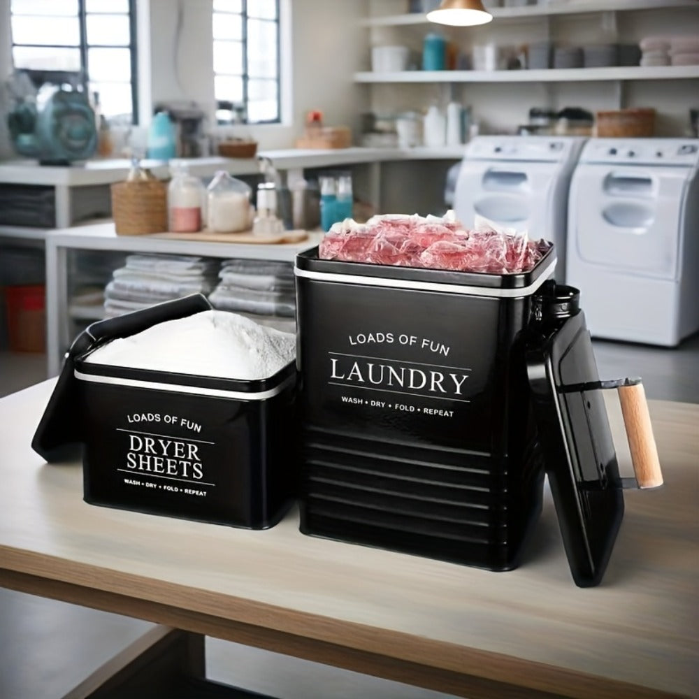 Laundry Pod Container & Dryer Sheet Holder Set with Scoop ¨C Metal Farmhouse Laundry Room Organizer, Detergent Dispenser & Soap Storage