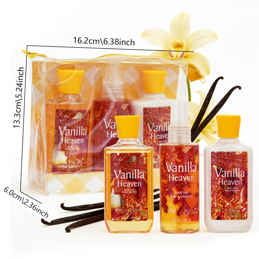 Vanilla Bath & Body Care Gift Set for Women ¨C Shower Gel 3oz + Body Lotion 3oz + Body Mist 3oz | Moisturizing, Refreshing & Deodorizing Spa Gift for Mom, Wife, Sister or Girlfriend