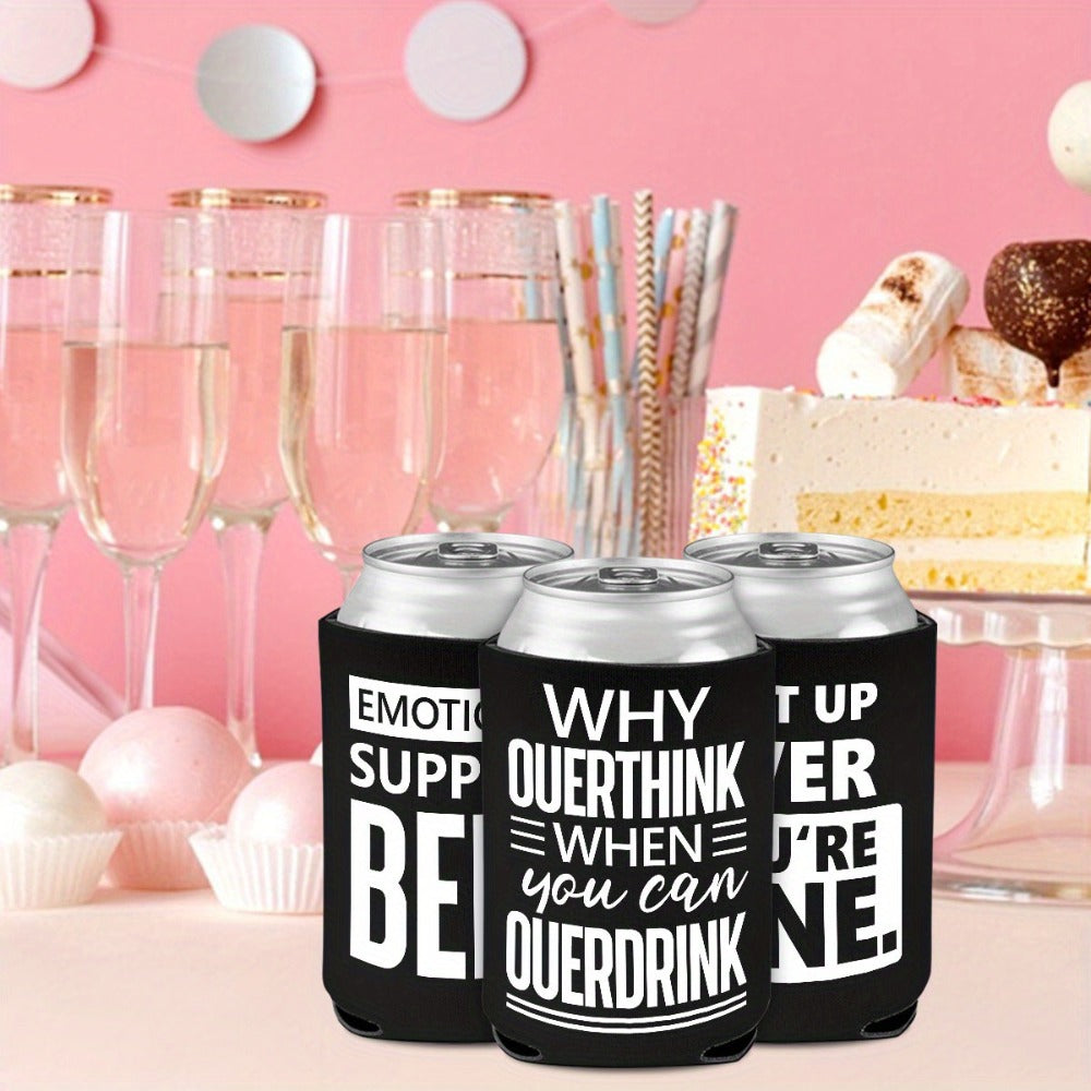 6-Pack Neoprene Beer Can Coolers with Funny Drinking Phrases - Insulated Drink Sleeves for Soda & Lager - Durable Cylindrical Can Huggers for Bachelorette, Oktoberfest & Camping Parties