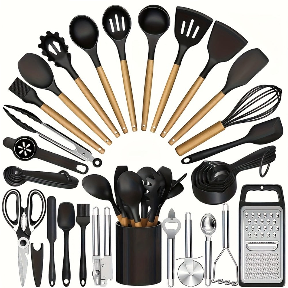 Silicone Cooking Utensils Set 35-Piece with Holder Rack Wooden Handle Heat Resistant Kitchen Tools for Non-Stick Pans ¨C Complete Kitchen Utensil Set in Multiple Colors