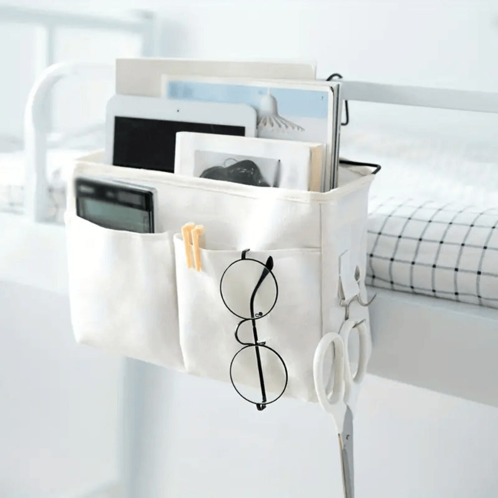 Bedside Hanging Organizer 2Pack Bed Rail Storage Bag - Bunk Bed Dorm Hospital Caddy for Books Magazines Phone Glasses Kettle Bedroom Shelf Basket Gray White