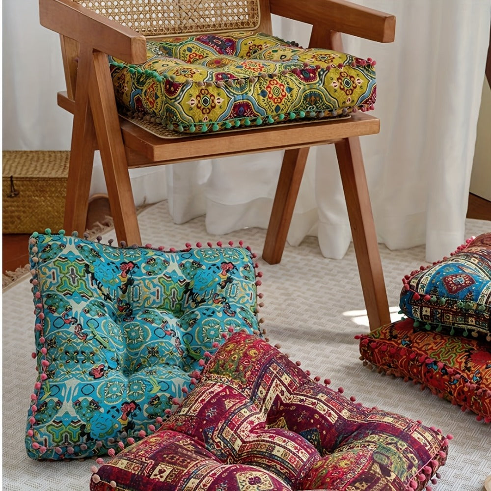 Meditation Floor Cushion Thick Soft Bohemian Moroccan Design Linen Cover Round Pad for Living Room Bedroom Office Yoga Mindfulness Boho Home Decor