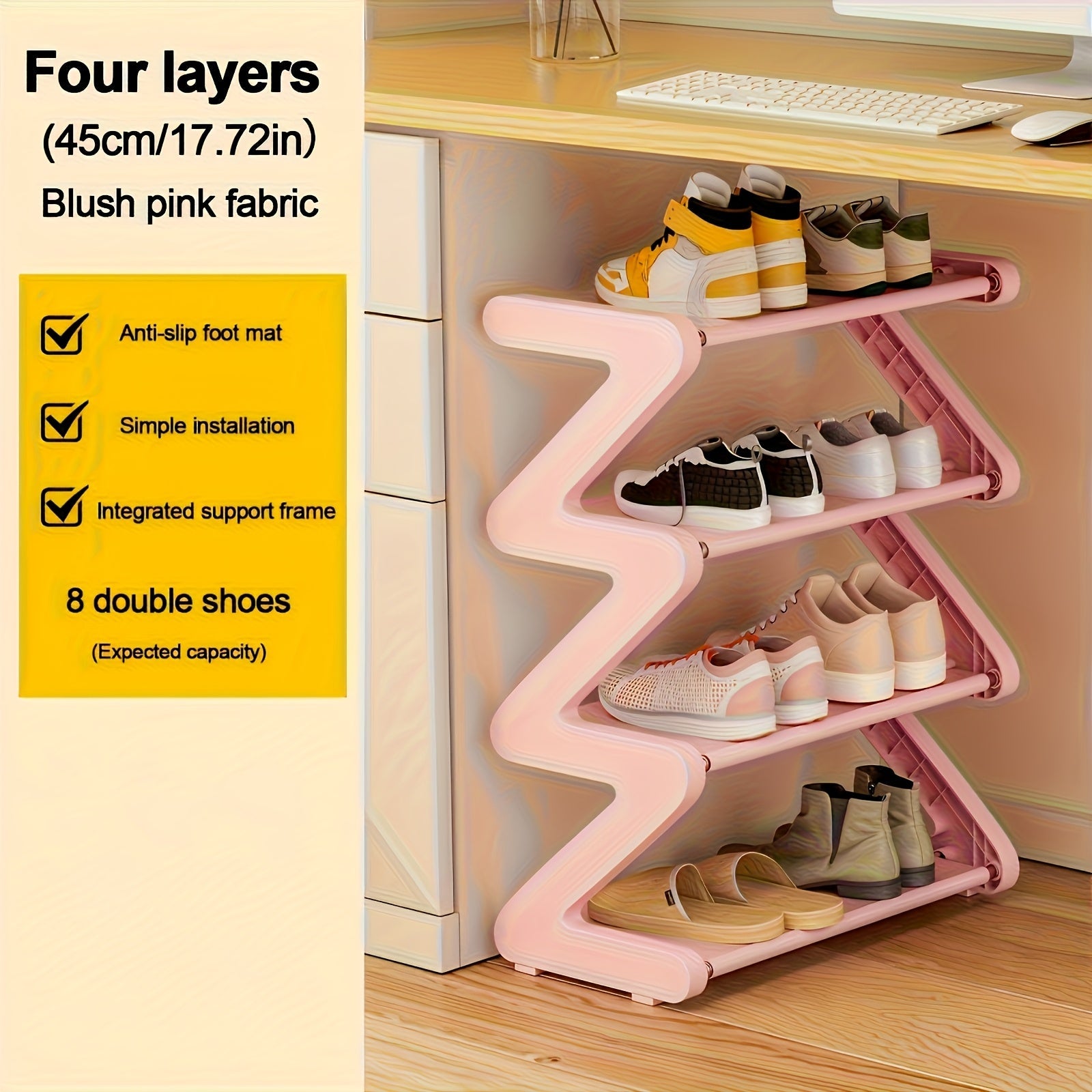 4-Tier Shoe Rack Upgraded Metal Tubes ¨C Multi-Layer Shoe Storage Organizer with Thickened Plastic Parts for Entryway, Doorway, Bedroom, Hallway & Dorm ¨C Graphite Black, Pink, Gray & Blue