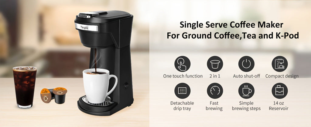 Single Serve Coffee Maker 2-in-1 for K-Cup Pods and Ground Coffee One-Button Operation 6-14oz Brew Sizes Auto Shut-Off Stainless Steel Drip Coffee Machine Blue Black Red Grey