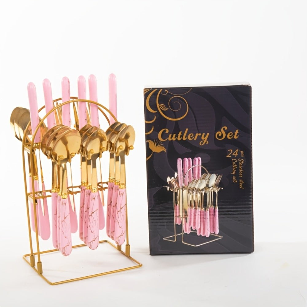 Stainless Steel Flatware Set 24pcs Marbled Handle Knives Forks Spoons with Gift Box & Storage Rack