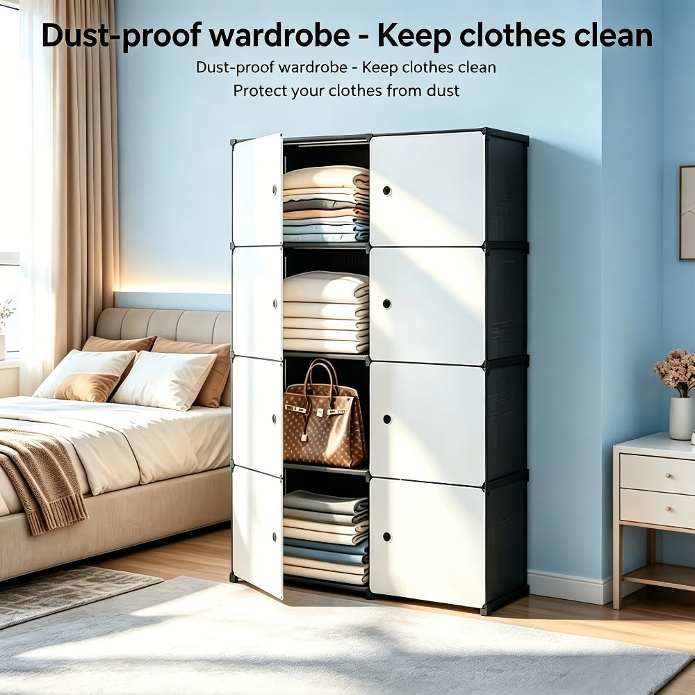 Modular Storage Cabinet with Magnetic Door, 3-Tier & 4-Tier Closet Organizer, Large Capacity Wardrobe Storage Unit, Dust-Proof Odor-Free Stackable Shelves, Easy Assembly for Bedroom Dorm Apartment Living Room