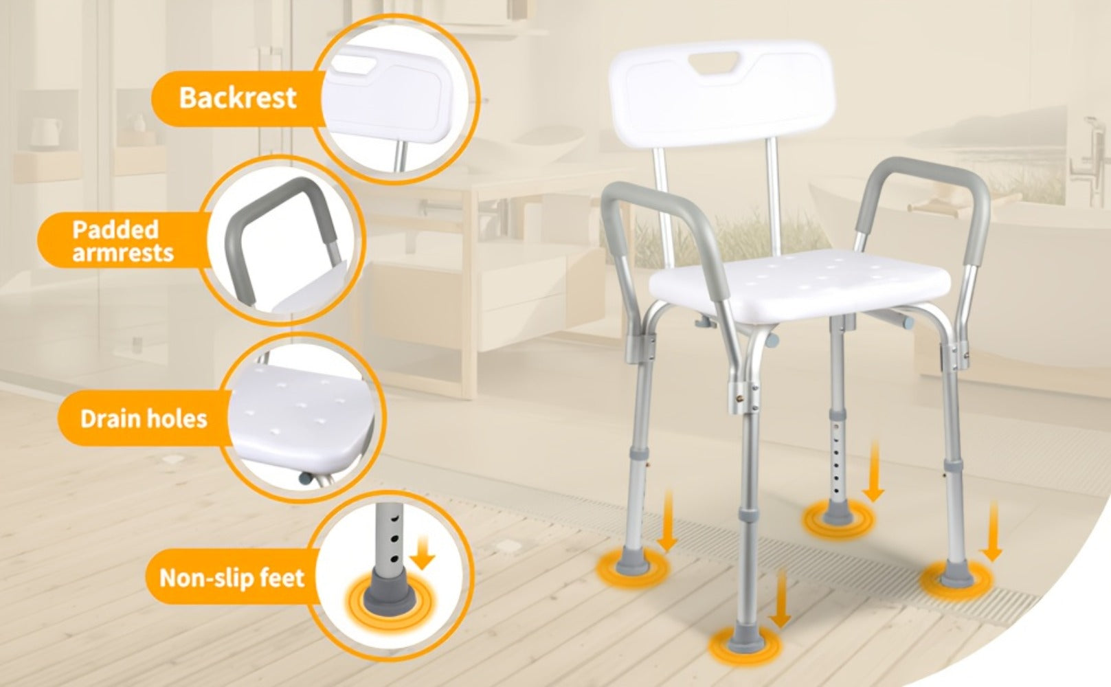 Shower Chair with Armrests & Backrest ¨C Height Adjustable Aluminum Bath Seat, 350 LBS Capacity, Non-Slip Rubber Feet, Cushioned Support for Elderly, Disabled & Post-Surgery, Fits Most Showers & Tubs