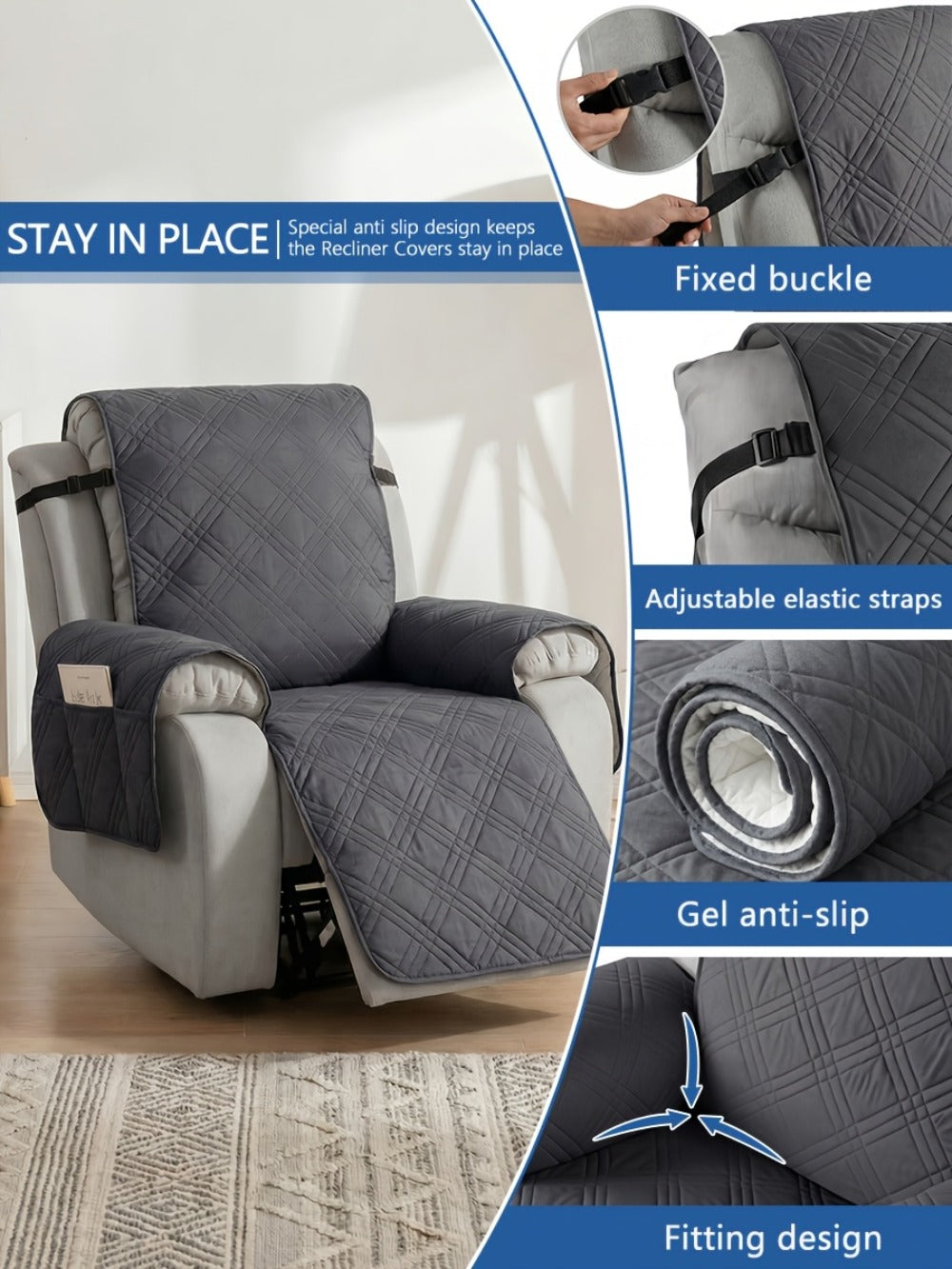 Recliner Cover Quilted with Side Pocket - Anti-Slip Elastic Band Pet Friendly Sofa Chair Protective Slipcover Easy Install for Living Room Home Decor, 6 Colors