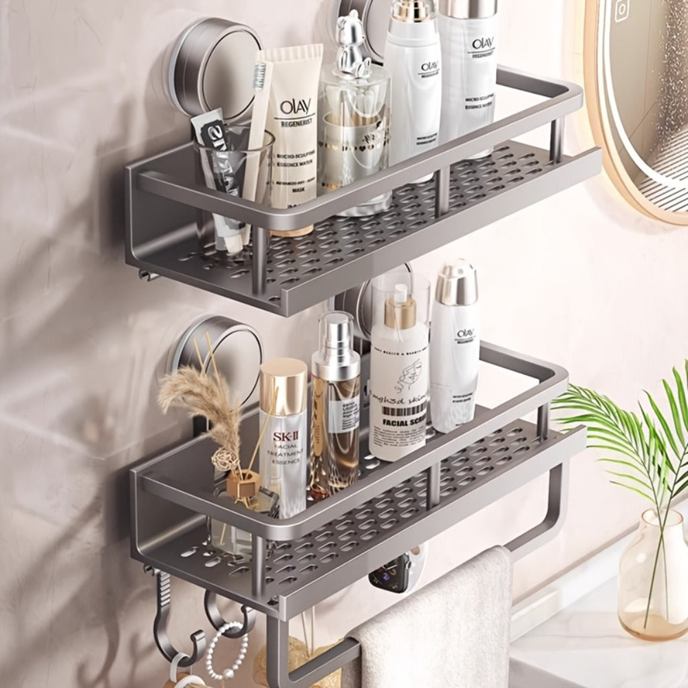 Shower Caddy Shelf Wall Mounted Suction Cup Rustproof Floating Bathroom Organizer Rack with Towel Hook for Shampoo Soap Accessories Space Saving Storage