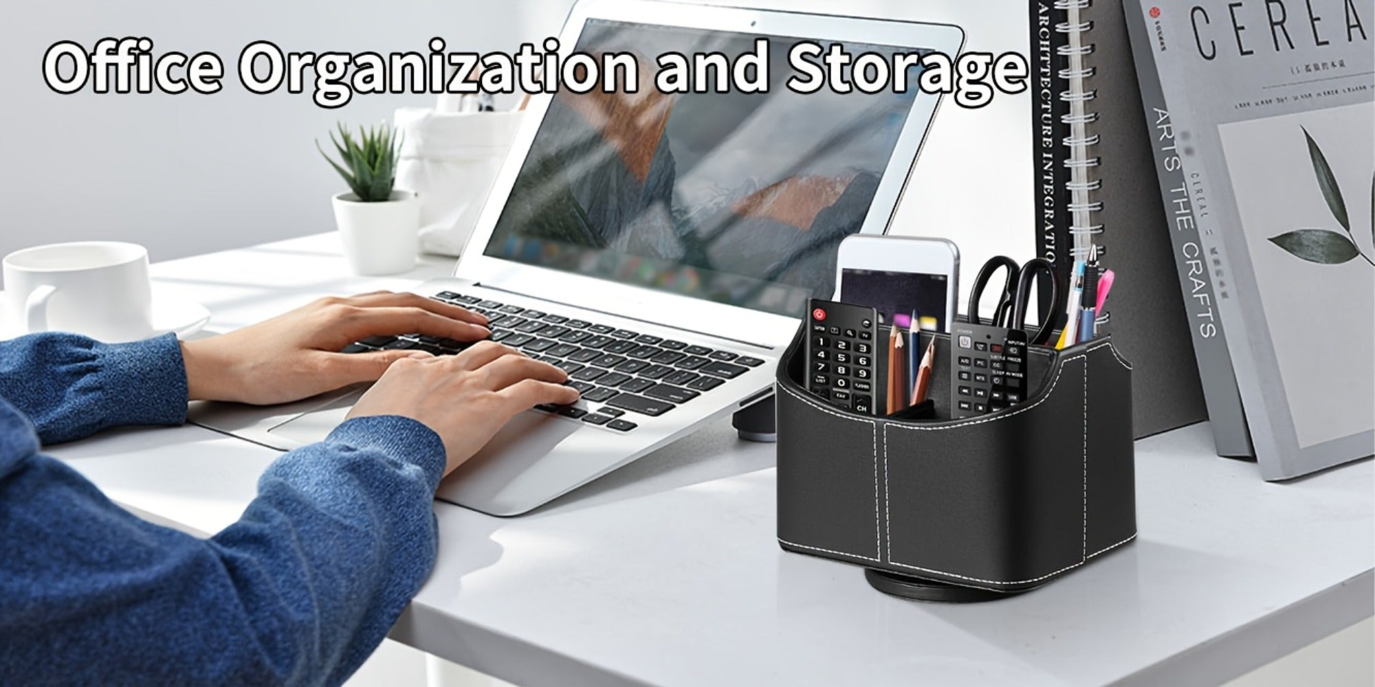 360¡ã Swivel Remote Control Holder with 5 Compartments ¨C PU Leather Desktop Organizer Caddy for TV Remotes, Phones, Glasses, Cosmetics & Stationery, Rotating Storage Box for Home Office Nightstand