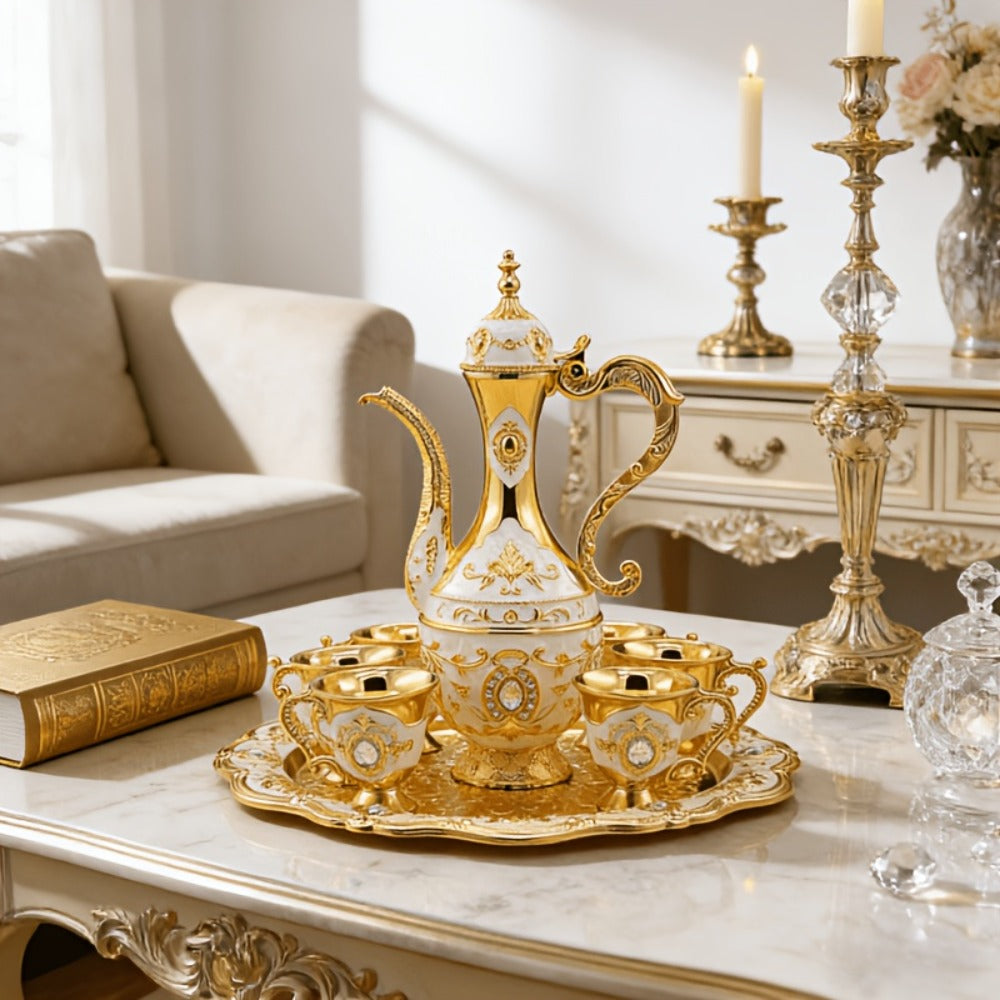 Vintage Turkish Coffee Tea Set ¨C Zinc Alloy Teapot, 6 Cups & Tray | European Style Luxury Gift Set for Tea, Coffee & Cappuccino