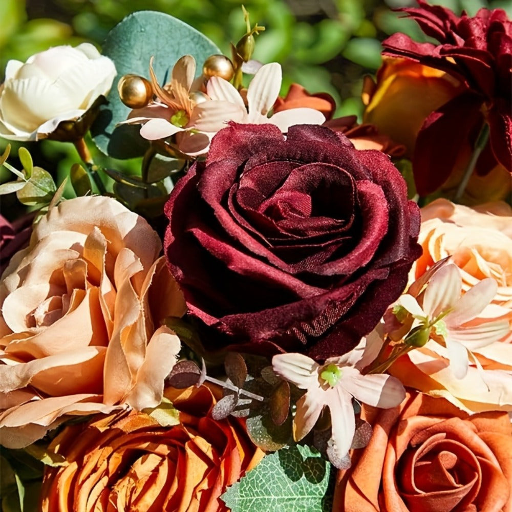 Artificial Flowers Bouquet Set ¨C Foam Roses for Wedding, Fall Halloween Valentine's Day Table Decor, Orange Wine Red Blue