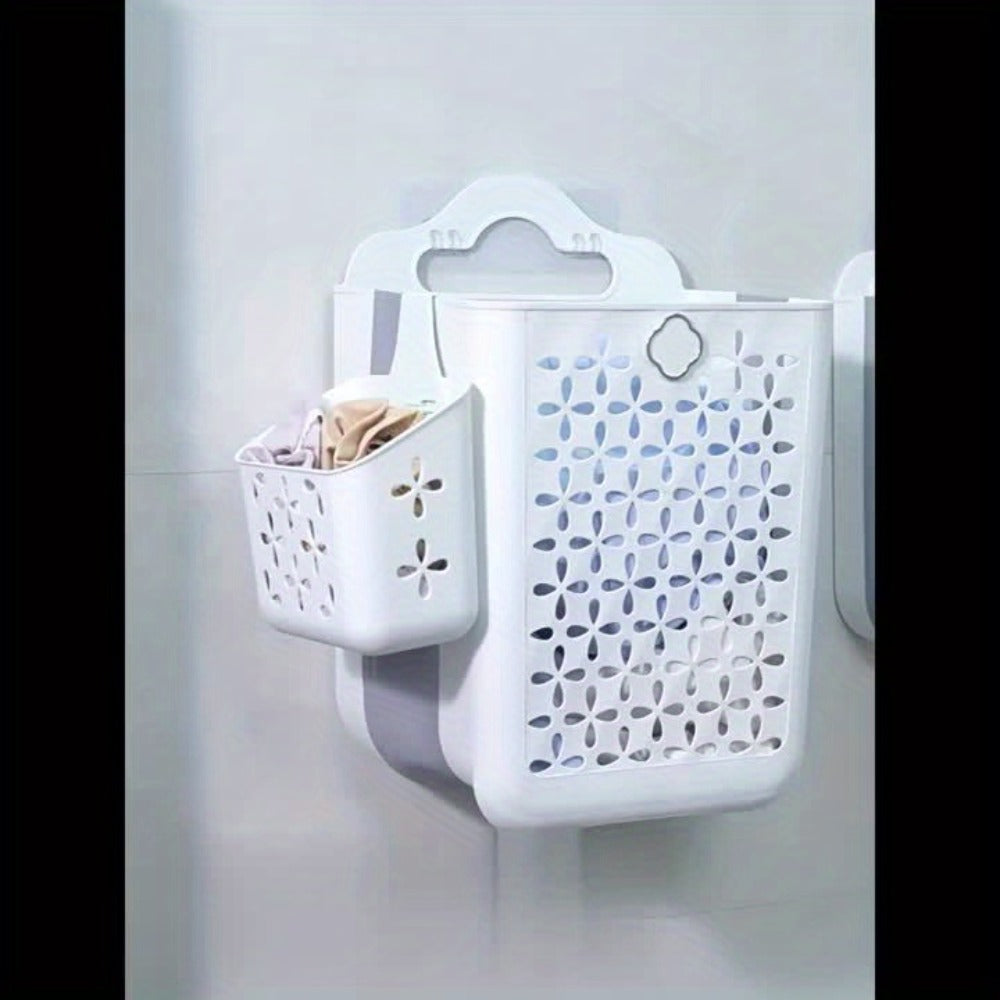 Foldable Laundry Basket Wall Mounted ¨C No-Drill Plastic Storage Bin with Cutout Design for Clothes, Toys, Snacks & Fruits ¨C Space-Saving Collapsible Organizer for Bathroom, Balcony & Bedroom