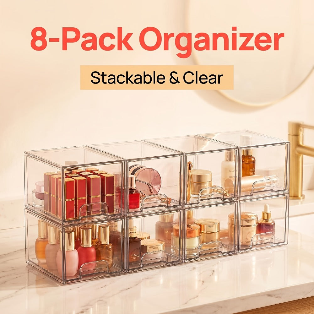 Clear Stackable Storage Drawers 8 Pack ¨C Acrylic Bathroom Organizer Bins with Pull-Out Handle, BPA-Free Plastic Makeup Storage for Vanity, Kitchen, Pantry, Home Organization