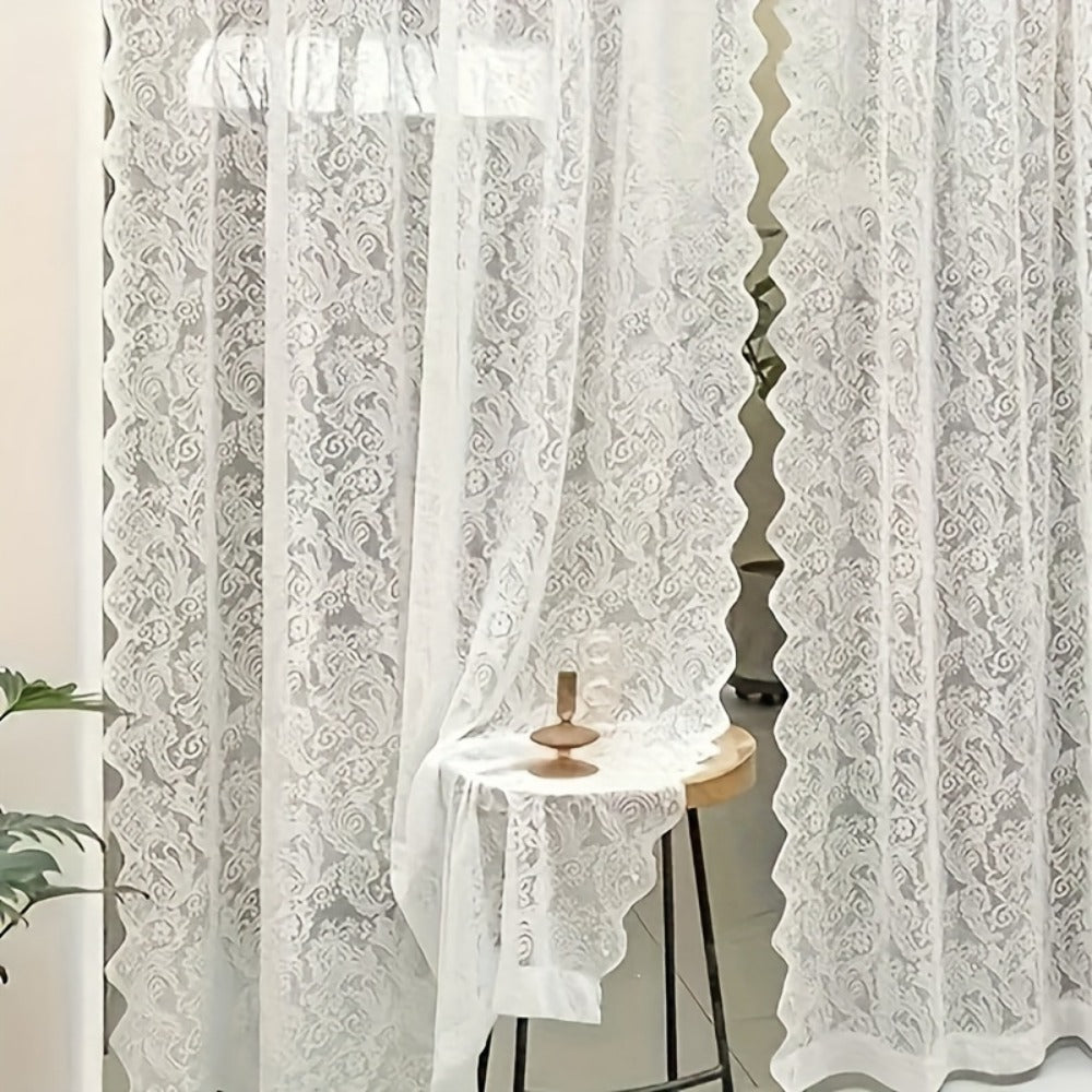 Sheer Curtain Rod Pocket Floral Lace Semi-Sheer Window Panel for Living Room Bedroom Kitchen Bathroom, 100% Polyester, Machine Washable, White Light Green Coffee