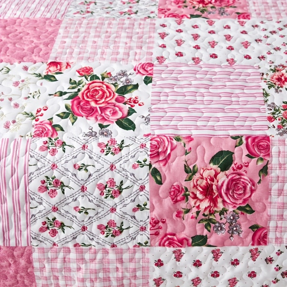 Quilted Bedspread Set 3 Piece Pink Floral Patchwork Comforter Set with 2 Pillowcases, Machine Washable All Season Bed Cover, Soft Breathable Bedroom Bedding Set Twin Full Queen King