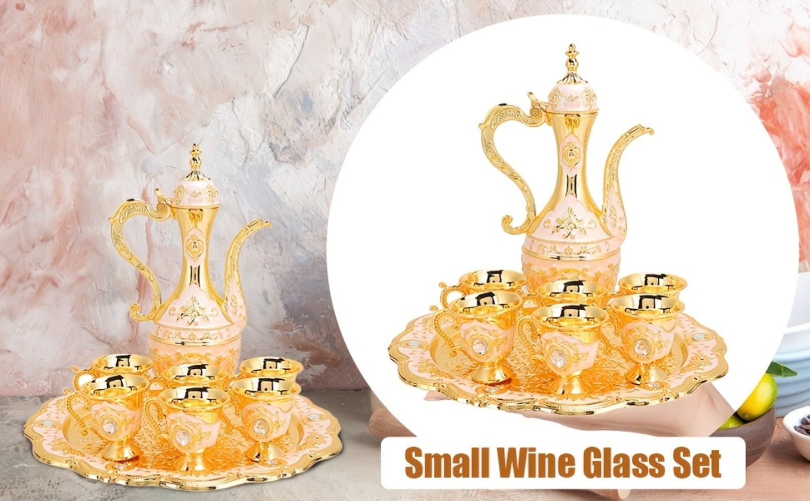 Vintage Turkish Coffee Tea Set ¨C Zinc Alloy Teapot, 6 Cups & Tray | European Style Luxury Gift Set for Tea, Coffee & Cappuccino