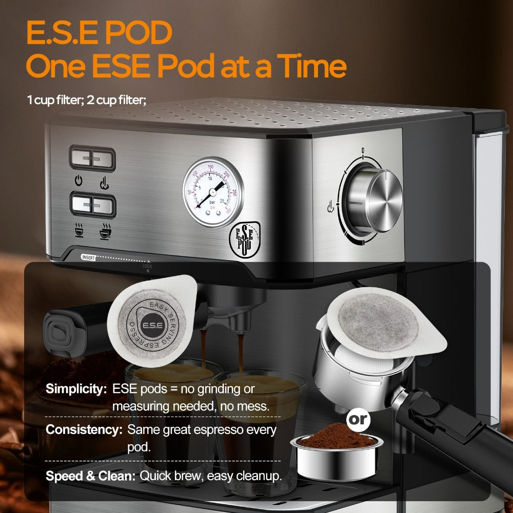 20 Bar Espresso Machine 950W ¨C Stainless Steel Espresso & Cappuccino Latte Maker with Steam Wand Milk Frother, 49.03oz Water Tank, ESE Pod Filter, Home Barista Coffee Machine ¨C Black, Pressure Gauge