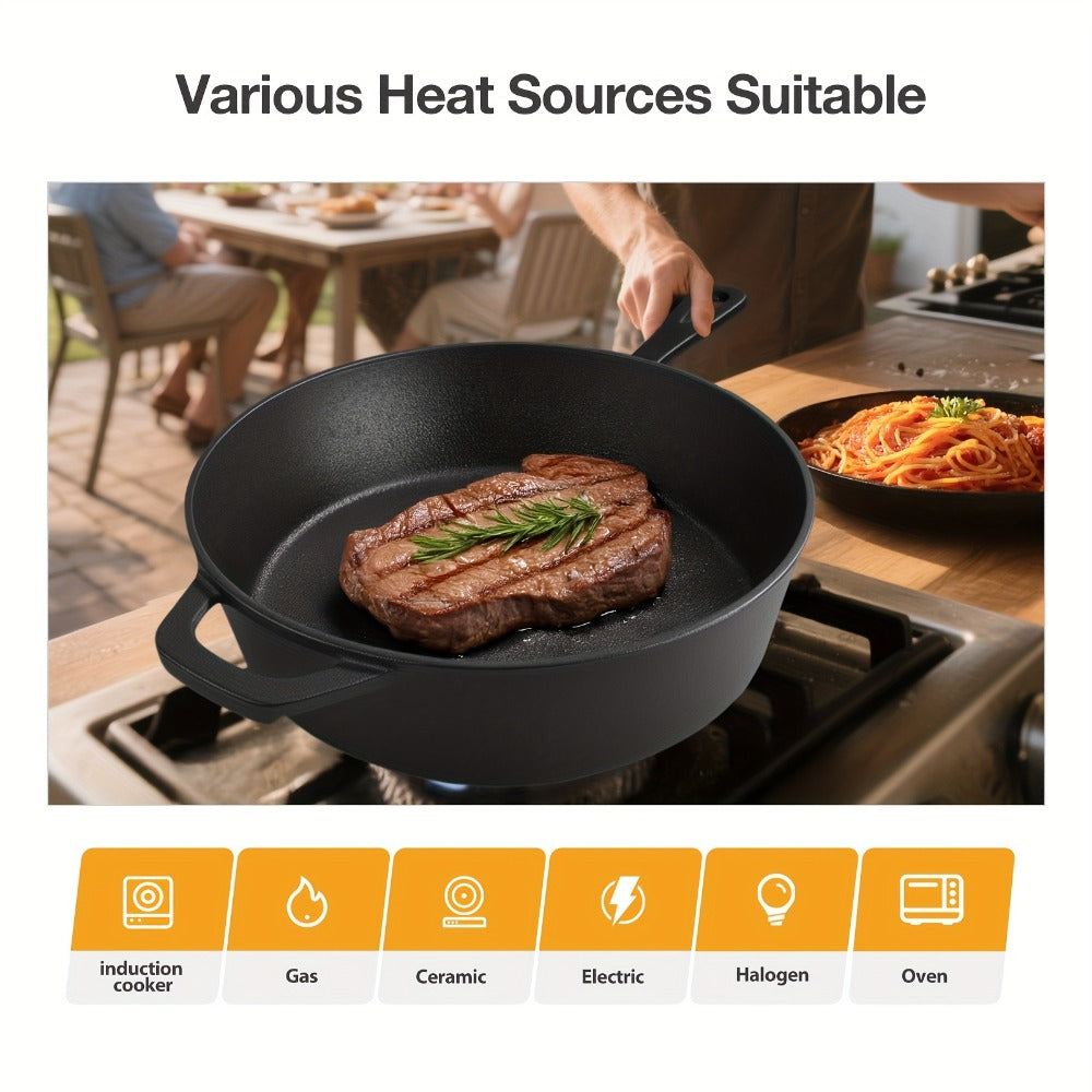 Cast Iron Dutch Oven & Frying Pan Set ¨C Pre-Seasoned 2-in-1 Cookware, Deep Pan + Skillet for Stovetop, Induction, Oven, BBQ & Outdoor Cooking, Multi-Purpose Pots and Pans Set
