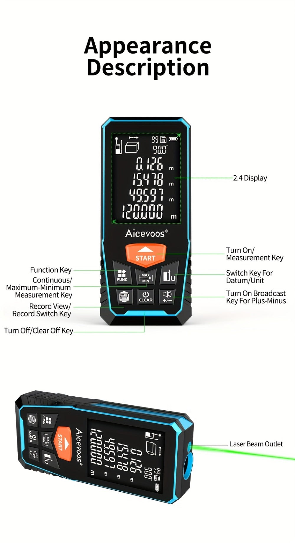 Laser Distance Meter Green Beam Digital Rangefinder 50M 70M 100M 120M Laser Tape Measure with LCD Display for Construction Surveying Indoor Outdoor Measuring