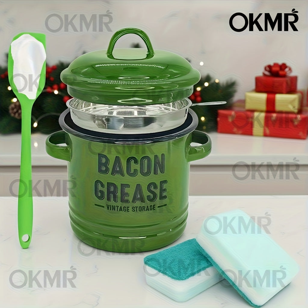 Bacon Grease Container with Lid, Large Capacity Grease Storage Can with Heat-Resistant Filter, Silicone Spatula & Cleaning Sponge Set, Flip-Top Oil Holder for Kitchen Household Use