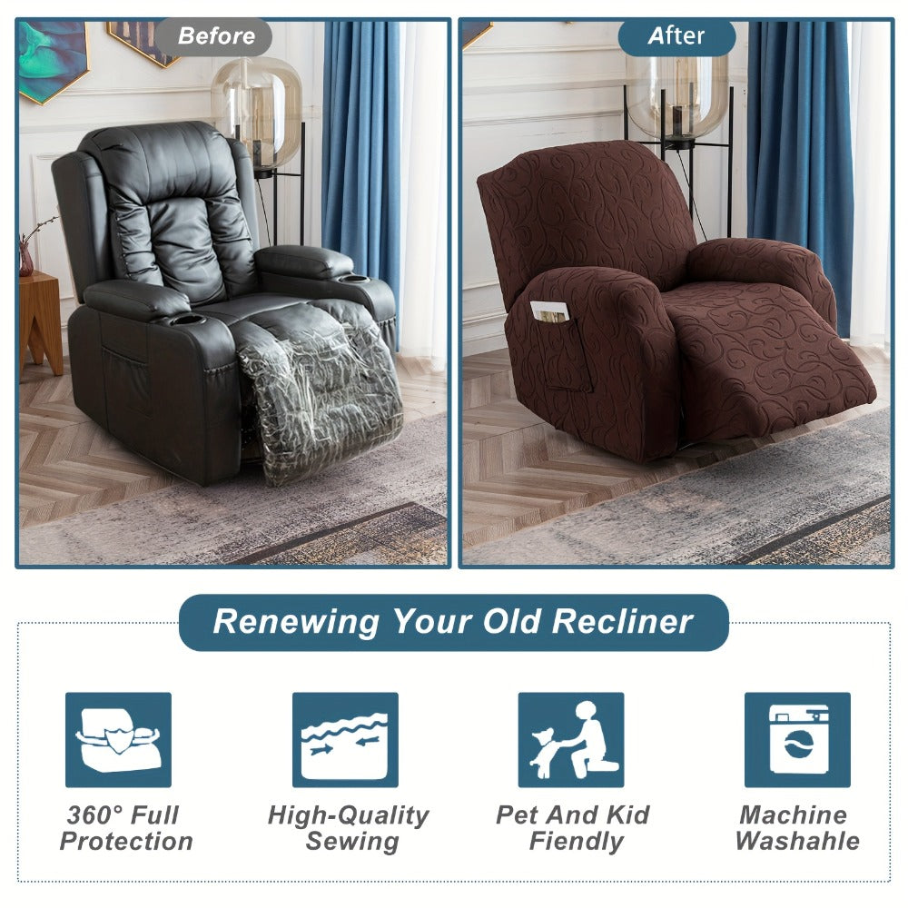 Recliner Chair Cover High Elasticity Stretch Swirl Pattern Slipcover Dust Scratch Resistant Washable Pet Friendly Fits Single Seater Sofa Massage Chair Living Room Furniture Protector