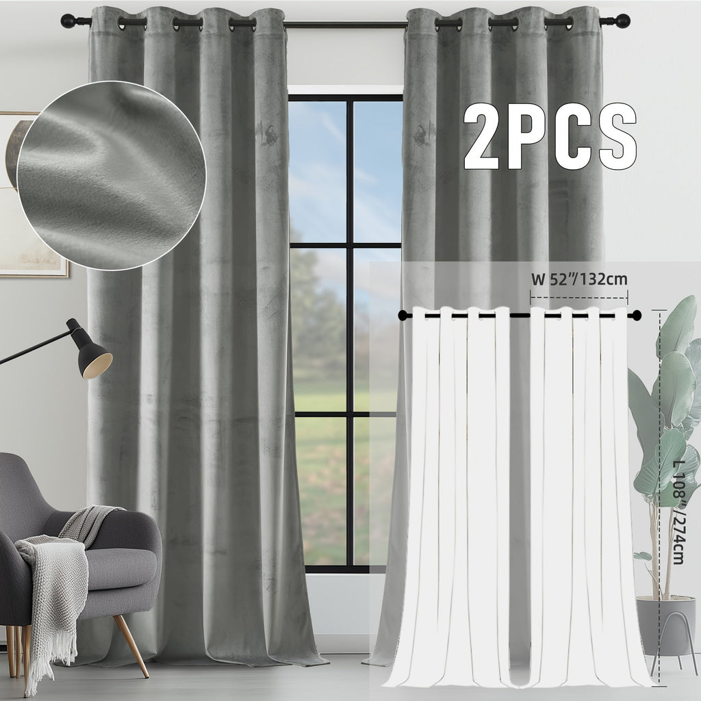 Velvet Room Darkening Curtains 2 Panels | Grommet Top Thermal Insulated Soundproof Blackout Curtains for Living Room Bedroom, Soft Solid Color Vintage Window Drapes