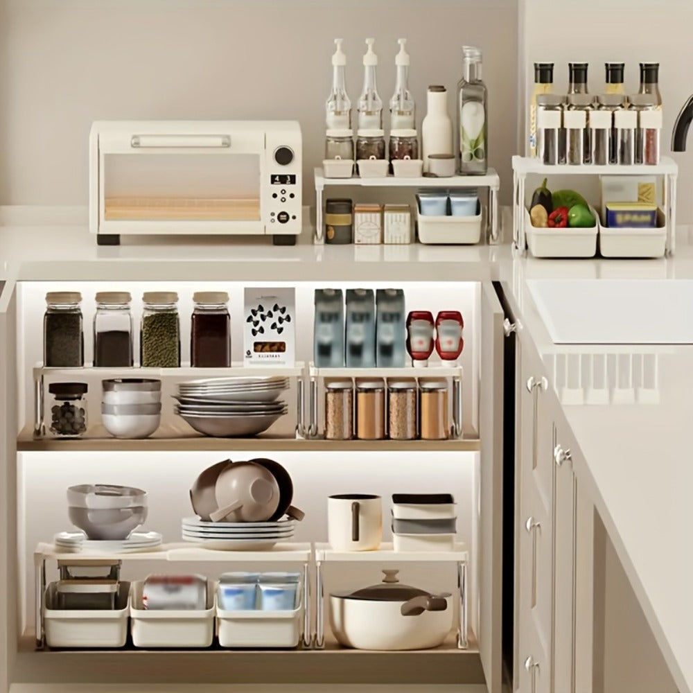 Desktop Storage Organizer Multi-Tier Expandable with Transparent Lid PP Stainless Steel Space-Saving Countertop Box for Kitchen Bathroom Cosmetics
