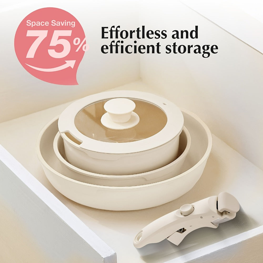 Nonstick Cookware Set 5-Piece Detachable Handle Aluminum Pots and Pans ¨C Space-Saving Stackable Induction Compatible | 8 & 10 Inch Frying Pan Soup Pot Universal Lid | White Pink Beige Coral Pink