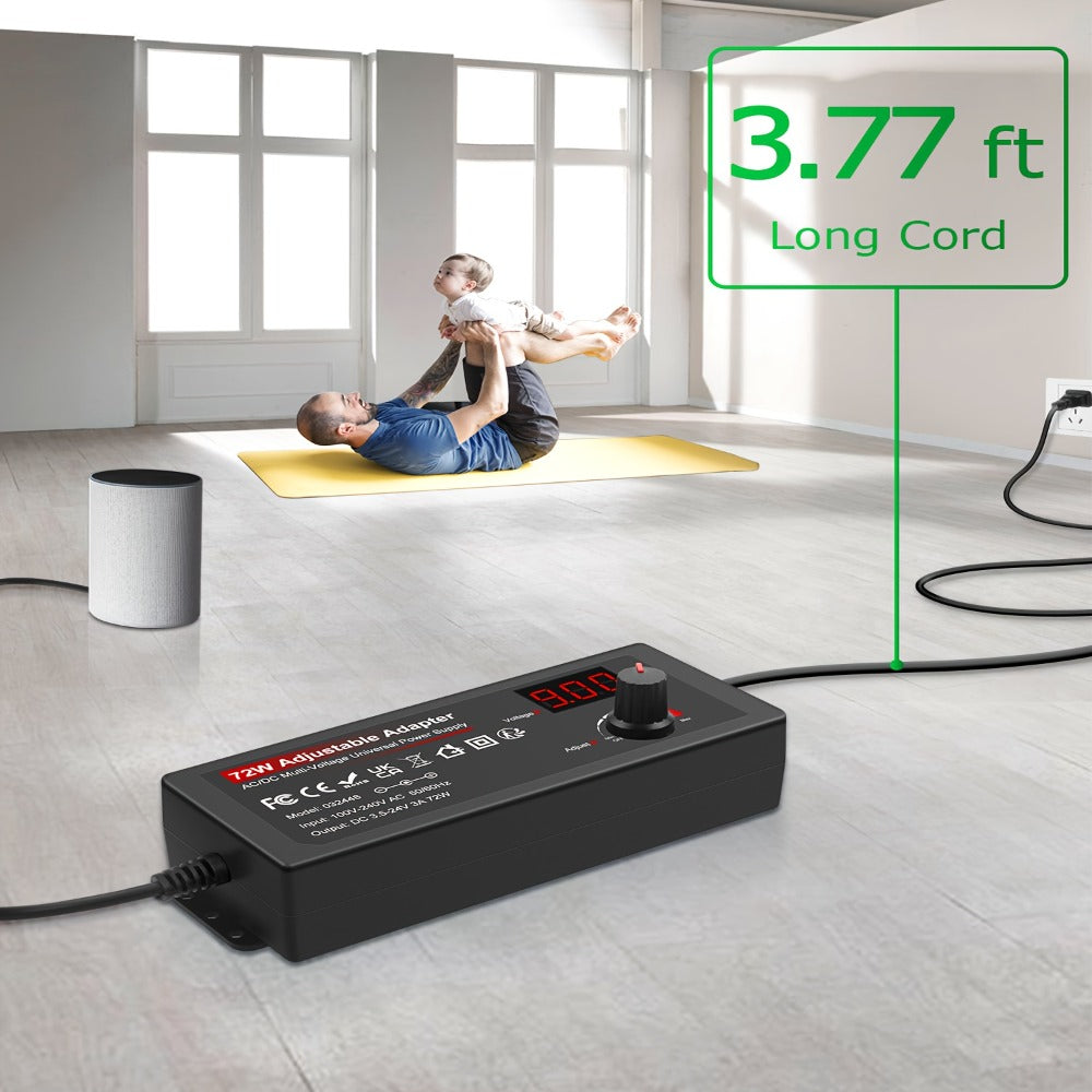Adjustable AC to DC Power Adapter 72W - 3-24V Variable Power Supply with LCD Voltage Display, Knob Control, 15 Interchangeable Tips, Overvoltage & Short Circuit Protection, 100-240V Universal Input