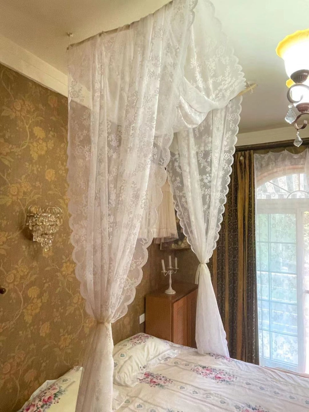 Lace Bed Canopy Mosquito Net ¨C Bohemian Romantic Sheer Bed Curtain for Bedroom, Hotel & Morocco Style Decor | Elegant White Princess Bed Drape for Twin, Full, Queen & King | 57x236 Inch