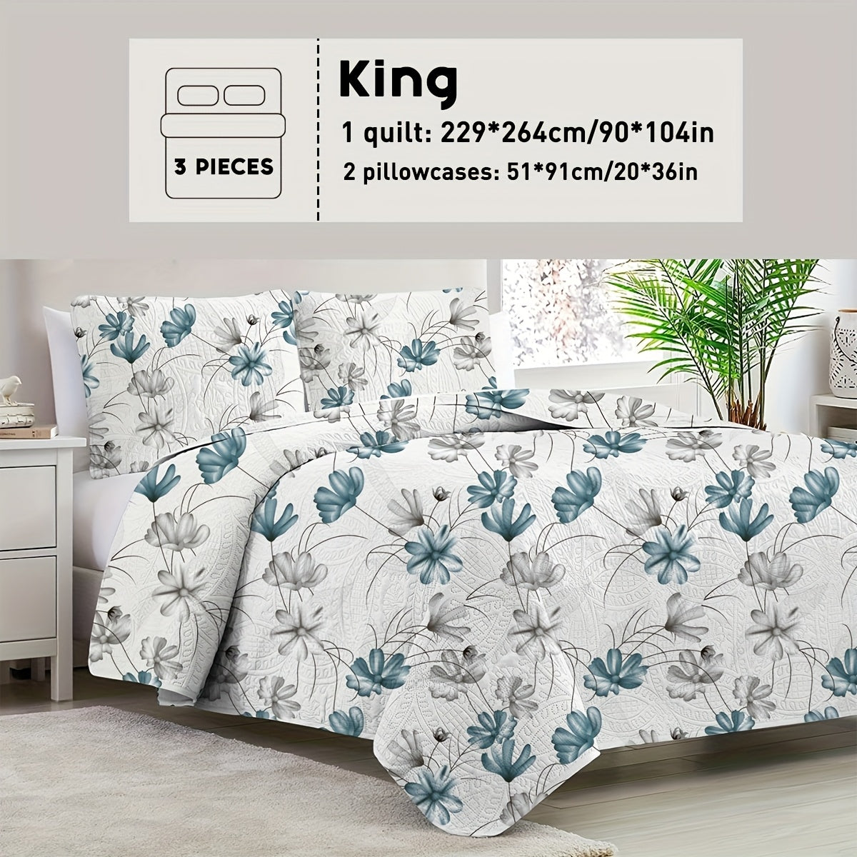 Reversible Floral Comforter Quilt Set ¨C Soft Microfiber Botanical Bedding, Twin Full Queen King, All Seasons ¨C White, Blue, Pink & More