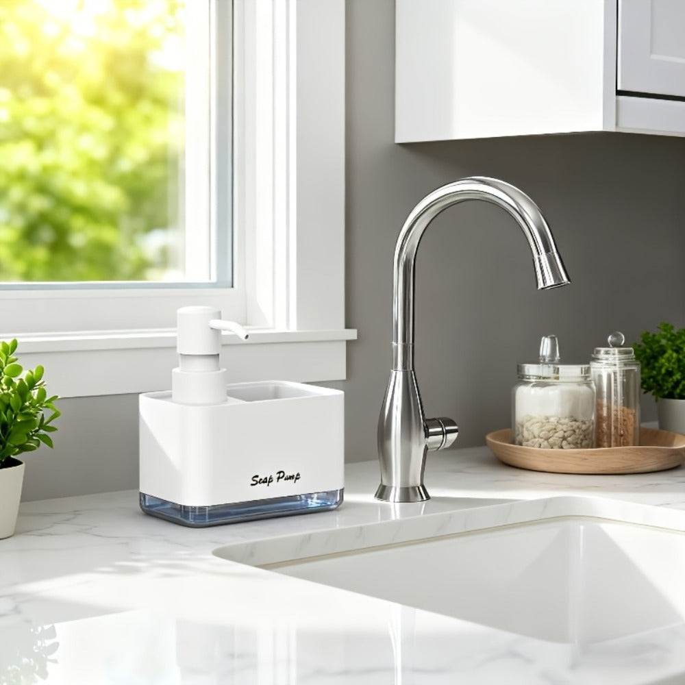 Soap Dispenser with Sponge Holder 2-in-1 - Countertop Dish Soap Pump Dispenser and Sponge Caddy for Kitchen Sink, Multi-Functional Detergent Dispenser with Built-In Sponge Holder, Available in White and Black Upgraded Version